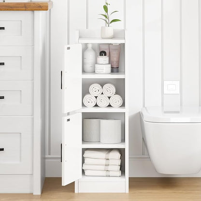 Narrow Bathroom Storage Cabinet with 2 Doors and Shelves, 9.8" W Small Storage Cabinet for Toilet Paper Storage, Slim Cabinet for Small Spaces, Bathroom, Kitchen, 9.8" W × 7.9" D × 29.5" H, White