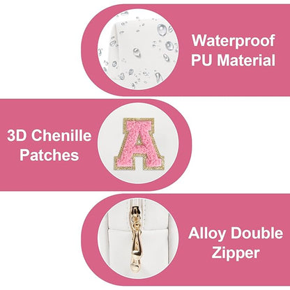 Personalized Makeup Bag Initial A-Z Preppy Patch Bag,Small PU Leather Travel Cosmetic Bag Pouch with Zipper,White Cute Toiletry Bag,Gift Ideal for Teen Girls Women Birthday Friend Mom,Letter A
