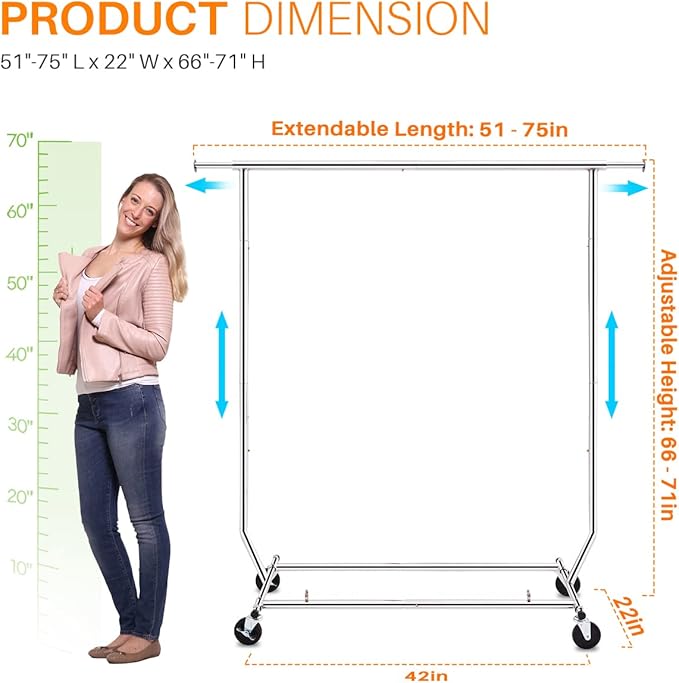 HOKEEPER Clothes Rack with Lockable Wheels Height Adjustable Clothing Rack Clothing Rack 300LBS Commercial Grade Portable Closet for Bedroom, Living Room, Laundry, Balcony, Silver