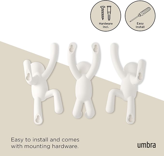 Umbra Buddy Wall Hooks – Decorative Wall Mounted Coat Hooks for Hanging Coats, Scarves, Bags, Purses, Backpacks, Towels and More, Set of 3, White