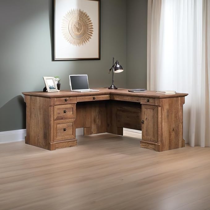 Pemberly Row Home Office L Shaped Corner Desk with Computer Tower Storage and Letter/Legal File Drawer, Vintage Oak