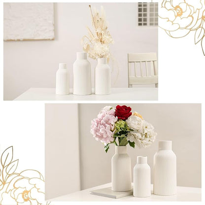 Bohemian White Ceramic Vase - for Pampas Grass, Mantel, Bookshelf, Entryway and Living Room Decor (White, Set of 3)