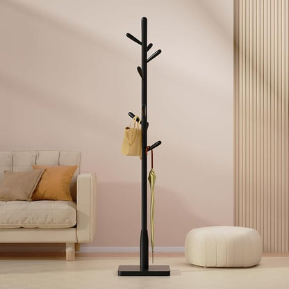 Solid Wood Square Base Coat Rack, Free Standing Hall Coat Tree with 8 Hooks（+2 spare for Coats, Hats, Bags, Purses, for Entryway, Hallway, Rubberwood Hooks,Base and Pole,(Square Base, Black)