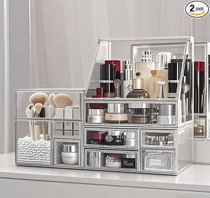 Hersoo Glass Makeup Organizer for Vanity/Stackable 2Pieces Drawer Set/Antique Countertop Vanity Cosmetic Storage Box Mirror Glass Beauty Display, Holder for Brushes Lipsticks Skincare Toner (Silver)