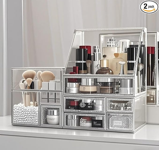 Hersoo Glass Makeup Organizer for Vanity/Stackable 2Pieces Drawer Set/Antique Countertop Vanity Cosmetic Storage Box Mirror Glass Beauty Display, Holder for Brushes Lipsticks Skincare Toner (Silver)