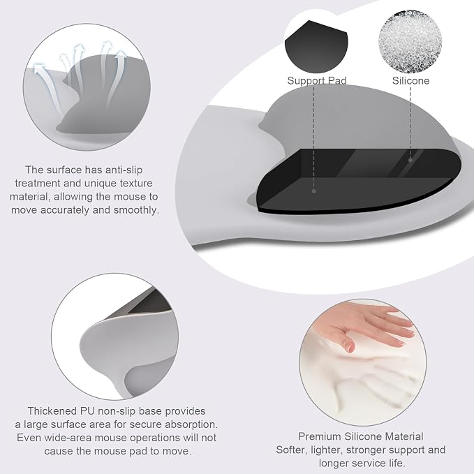MOSISO Wrist Rest Support for Mouse Pad&Keyboard Set, Circle Curved Ergonomic Mousepad&Coaster Non-Slip Base Home/Office Pain Relief&Easy Typing Pad with Soft Cloth&Silicone Lining, Gray