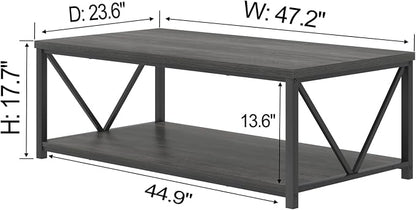 FOLUBAN Industrial Coffee Table with Storage Shelf, Modern Rustic Wooden and Metal Rectangle Center Table for Living Room, Dark Gray, 47 Inch
