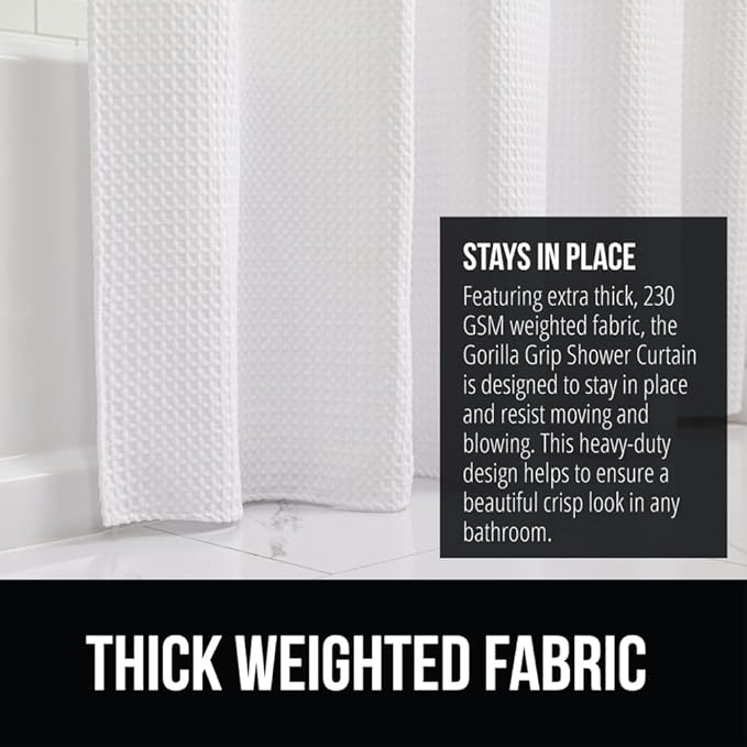 GORILLA GRIP Waffle Shower Curtain, Thick Weighted Fabric, Wrinkle and Rust Resistant, Classic Hotel Quality Design, Heavy Duty Long Curtains for Bathroom Showers, Bath Tubs, Machine Wash, 72x72 White