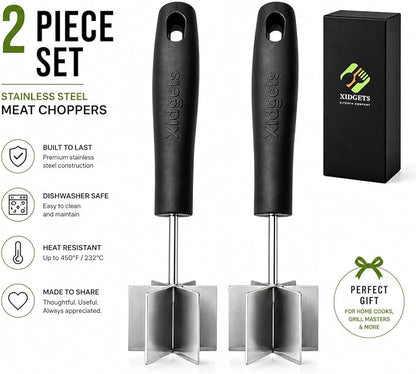2pc Large Stainless Steel Meat Chopper, Masher & Cocktail Muddler | Dishwasher Safe | 6-Blade Chopper Tool | Oversized Ergonomic Handle | Heat Resistant Grip | 2 x 10" black