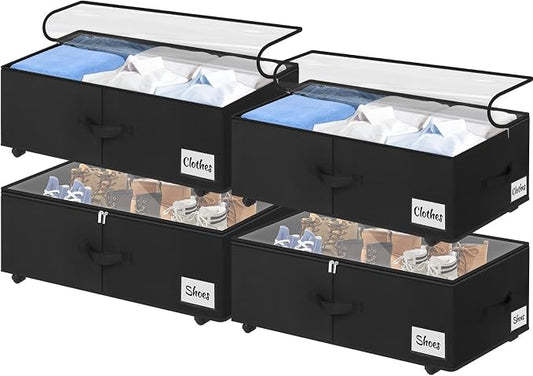 Under Bed Storage with Wheels, 4-Pack 10" Height XXL 75L Rolling Storage Bins, Quick Assembly Underbed Shoe Storage Containers with Clear Lid & Label, Dorm Under Bed Drawers for Clothes, Shoes, Black