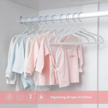 ManGotree 11" Baby Velvet Hangers, Non-Slip Infant Coat Hangers, Ultra-Thin Toddler Felt Hanger with 360° Swivel Hook, Space Saving Children's Hanger for Kids Clothes, 48 Pack (White)