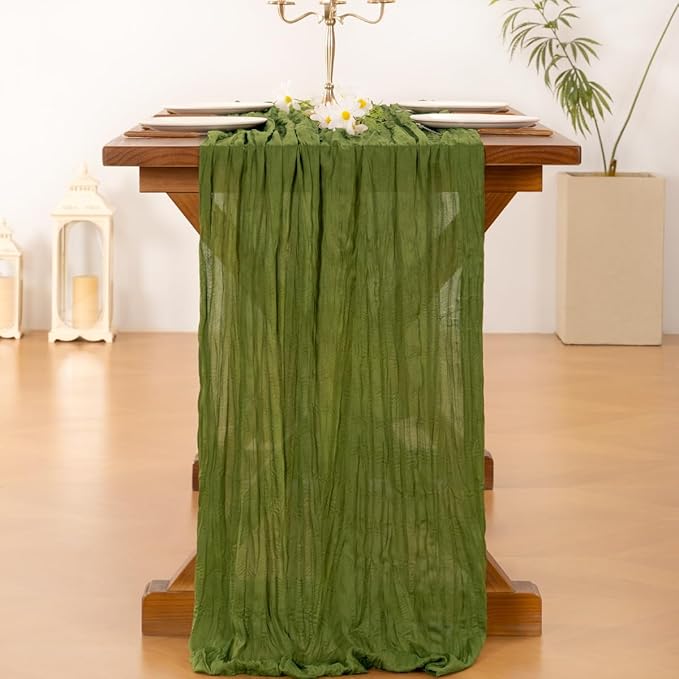 Socomi 10pcs Moss Green Valentine's Day Cheesecloth Table Runner Boho Rustic Gauze 120 inch 10FT Cheese Cloth Runner for Wedding Party Baby Shower Birthday Home Decor Holiday Decorations