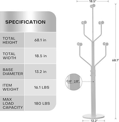 Coat Rack Freestanding with 10 Hooks, Metal Coat Rack Stand, Heavy Duty Standing Coat Tree with Sturdy Round Base for Clothes, Hat, Jacket/Entryway, Hallway, Bedroom, White