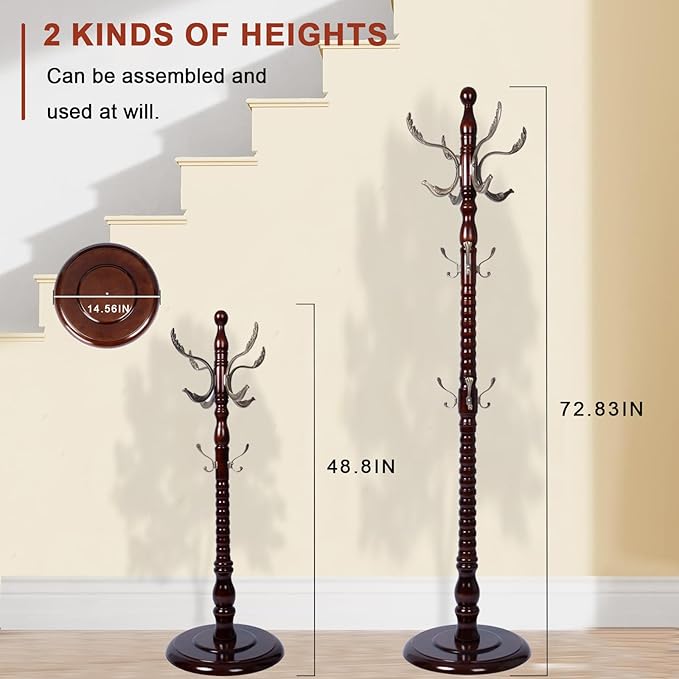 Wooden Coat rack freestanding, Coat racks stand with 14 Hook, Heavy duty coat tree standing 3 Adjustable Heights for Bedroom, Entryway, Hallway, Office,Stury Base (Metal Phoenix Hook)