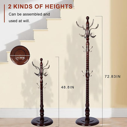 Wooden Coat rack freestanding, Coat racks stand with 14 Hook, Heavy duty coat tree standing 3 Adjustable Heights for Bedroom, Entryway, Hallway, Office,Stury Base (Metal Phoenix Hook)