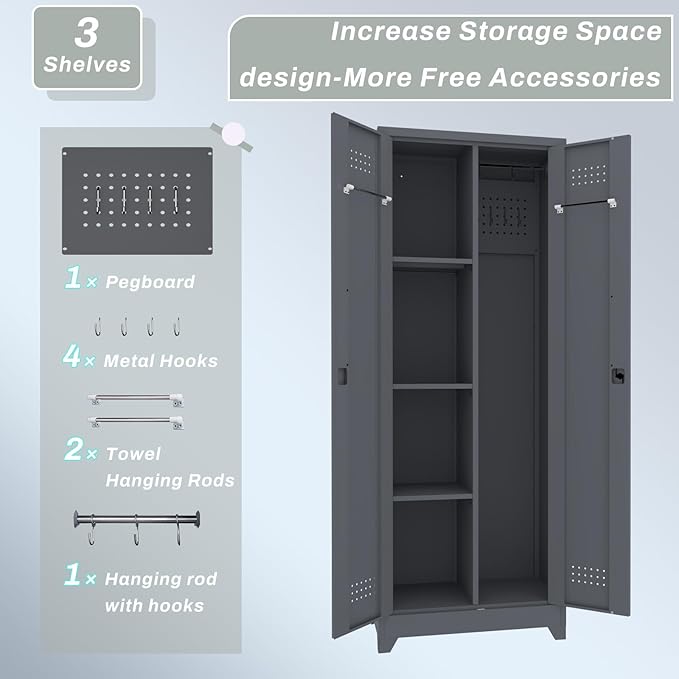 65" H Metal Storage Cabinet,Broom Closet Storage Cabinet with Adjustable Shelves,Locking Steel Cabinets with Pegboard and Hanging Rod,Utility Closet for Brooms and Mops,Grey