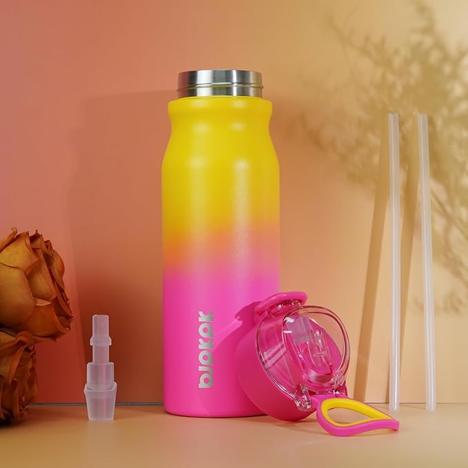 BJPKPK 25oz Insulated Water Bottle with Straw Stainless Steel Double Wall Water Bottles BPA Free Leak Proof Thermal Flask with Lockable Flip Lid and Soft Silicone Spout,Rainbow