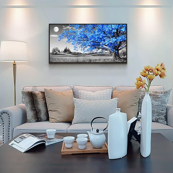 Black Framed Canvas Wall Art For Living Room & Office - Large Size Blue Moon Tree Scenery - 20" X 40"