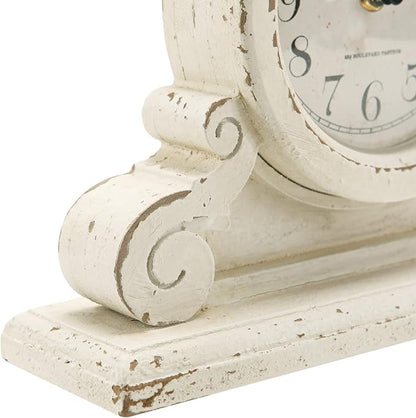 NIKKY HOME Vintage Mantel Table Clock with 2 Birds, Silent Non-Ticking Battery Operated Desk Shelf Rustic Wooden Clock for Living Room Decor - Distressed White