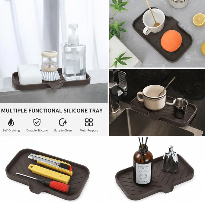 MicoYang Silicone Soap Dish with Drain Spout — Self-Draining Sink Organizer Tray for Bathroom & Kitchen, Sponges, Dispensers & Soap Holder, Non-Slip & Dishwasher Safe, Coffee (Medium, 9.6"×5.3")