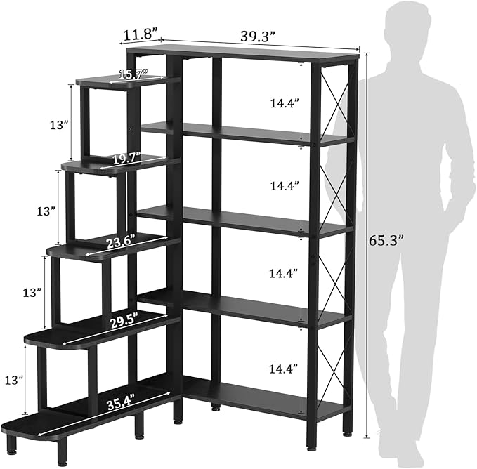 PONROL Corner Bookshelf Bookcase, Large Reversible 5 Tier Ladder Shelves Storage Display Rack with Metal Frame, Industrial Home Office Furniture for Living Room Bedroom, Black