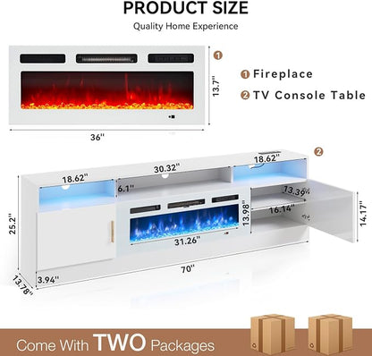 MXV 70" Fireplace TV Stand with Power Outlet for TVs UP to 80", Electric Fireplace Entertainment Center with LED Lights & Storage Cabinets, TV Console for Living Room, Office, White-White