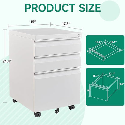 Letaya 3 Drawer Mobile File Cabinet with Lock, Under Desk Metal Rolling Filing Cabinets for Home Office Organizer Letters/Legal/A4 (White- Requires Installation) (White)