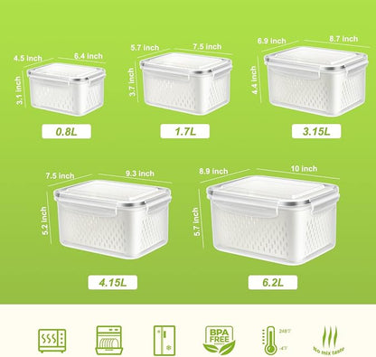 10 PS Fridge Food Storage Container with Colander, Plastic Fresh Produce Saver Keeper for Vegetable Fruit Berry Salad Lettuce Meat Fish, BPA Free Kitchen Refrigerator Organizer Bins (6.2L-0.8L)