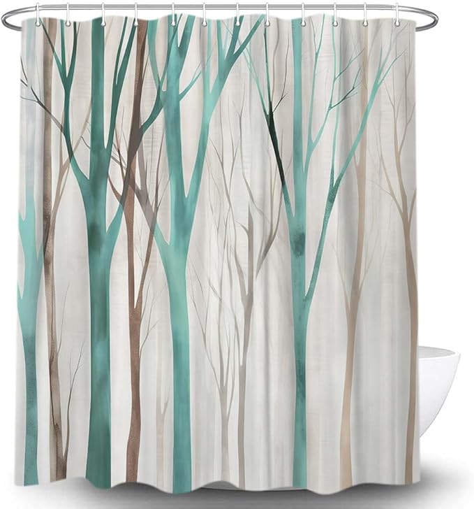 MERCHR Brown Teal Tree Fabric Shower Curtain, Art Style Abstract Birch Forest Rustic Wood Polyester Fabric Waterproof Bath Curtain, Farmhouse Bathroom Shower Curtains with Hooks 47X64 Inch