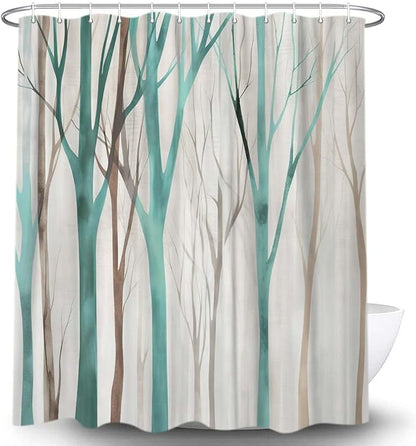 MERCHR Brown Teal Tree Fabric Shower Curtain, Art Style Abstract Birch Forest Rustic Wood Polyester Fabric Waterproof Bath Curtain, Farmhouse Bathroom Shower Curtains with Hooks 47X64 Inch