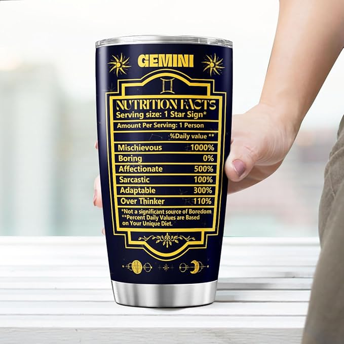 Gemini Zodiac Gift 20oz Stainless Steel Insulated Tumbler, Astrology Constellation Cup with Funny Nutrition Facts, Horoscope Themed Travel Mug for Women Men