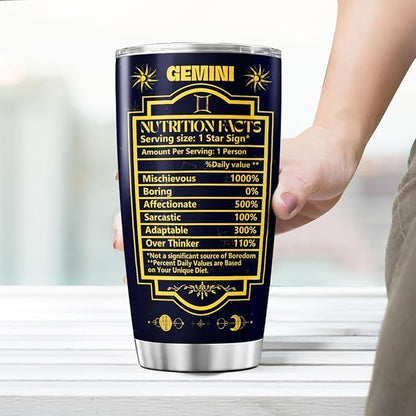 Gemini Zodiac Gift 20oz Stainless Steel Insulated Tumbler, Astrology Constellation Cup with Funny Nutrition Facts, Horoscope Themed Travel Mug for Women Men