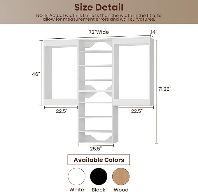 ROOMTEC Modular Closet System, 72" Wall-Mounted Closet Organizer with Hanging Rods and Shelves, Wooden Tower for Walk-In Closets, Wardrobe Storage Kit, White