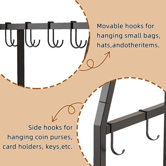 3-Tier Purse Rack Stand with 8 Hooks - Tall Narrow Purse Organizer for Entryway/Closet Organization, Bag Organizer for Various Bags(Gray)