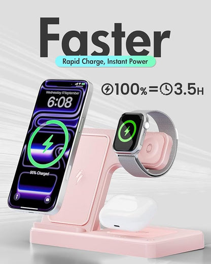 Wireless Charger Stand Charging Station: 3 in 1 Charger Stand Multiple Devices for Apple - iPhone 17 16e 16 15 14 Pro Max 13 12 - Watch 11 10 9 8 7 6 5 4 3 2 SE and Ultra Series-Airpods 4 3 Pro, Pink
