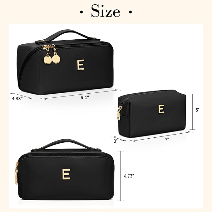 Valentines Day Gifts for Women Teen Girl, Personalized Initial Makeup Organizer Bag Set, Open Flat Travel Cosmetic Bag With Clear Divider and Handle(Black,E)