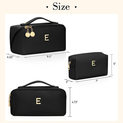 Valentines Day Gifts for Women Teen Girl, Personalized Initial Makeup Organizer Bag Set, Open Flat Travel Cosmetic Bag With Clear Divider and Handle(Black,E)