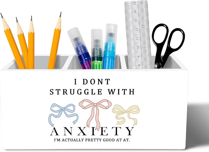 Coquette Bow Mental Health Pen Holder for Desk Accessories, Anti Anxiety Gifts Wooden Box Sign Desk Pencil Holder Organizer for Home Office Decoration, Anxiety Relief Gifts