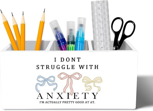 Coquette Bow Mental Health Pen Holder for Desk Accessories, Anti Anxiety Gifts Wooden Box Sign Desk Pencil Holder Organizer for Home Office Decoration, Anxiety Relief Gifts