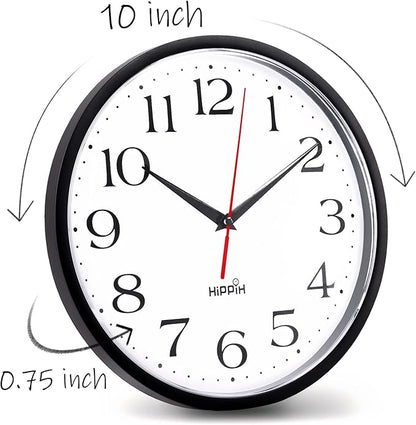 HIPPIH 2 Pack Silent Wall Clock, 10 Inch Non Ticking Quiet Digital Sweep Decorative Battery Operated Wall Clocks for Living Room Bedroom Kitchen School Office Decor, Black