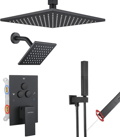 VANFOXLE Shower Faucet Set Matte Black Shower System, Push Button Diverter Shower Faucet with Trim Kit, Ceiling Mount 10 Inch Shower Head Increased Thick, 6 Inch Side Shower Head, 2-in-1 Handheld