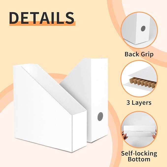EXYGLO 12 Pack White Magazine File Holder, Cardboard Magazine Rack with Label, Foldable Storage Organizer Box for Book, Documents, 10.2x3.5x10.6 Inches