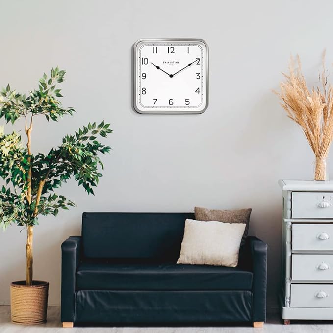 Presentime & Co 16" Anton Vintage Square Clock, Silent No Ticking, Wall & Mantel 2 in 1 Clock, Desk and Shelf Clock, Tabletop Décor, Modern Silver Color