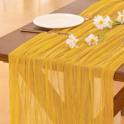 Socomi 6pcs Gold Yellow Valentine's Day Cheesecloth Table Runner Boho Rustic Gauze 120 inch 10FT Cheese Cloth Runner for Wedding Party Baby Shower Birthday Home Decor Holiday Decorations
