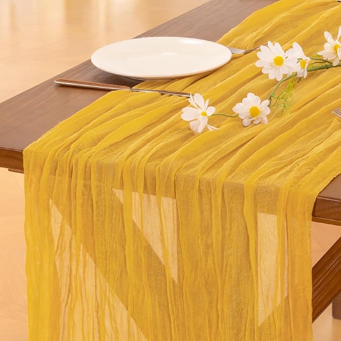 Socomi 3pcs Gold Yellow Valentine's Day Cheesecloth Table Runner Boho Rustic Gauze 120 inch 10FT Cheese Cloth Runner for Wedding Party Baby Shower Birthday Home Decor Holiday Decorations