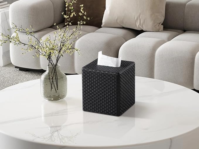 Square Tissue Box Cover, Stylish Leather Tissue Box Holder with Magnetic Bottom, Used As A Decorative Tissue Holder for Living Rooms, Bedrooms, and Desks(Black Woven Pattern)
