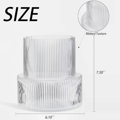 Ribbed Glass Vase, Flower Vase, Fluted Clear Vases for Flowers, Modern Vases for Living Room, Dining Table, Entryway, Shelf, Wedding, Office, Coffee Table, Birthday, 7.5 Inches