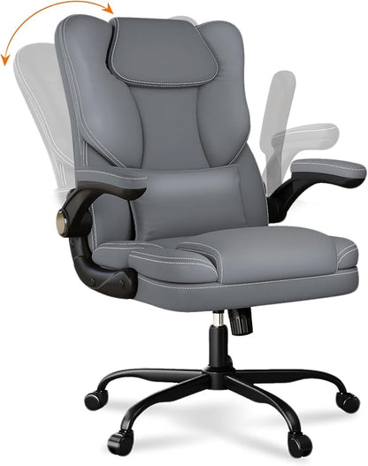 Ergonomic Office Chair with Flip-up Armrests 300lbs,Middle-Tall Computer Office Desk Chair with Lumbar Support,Executive PU Leather Chair with Rocking Function Adjustable Height for Home Office