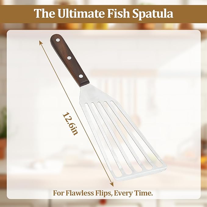 Fish Spatula Wide Slot, Premium Stainless Steel with Wood Handle for Flipping Fish, Eggs, Pancakes & Burgers (Large)
