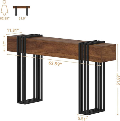 63 Inch Long Console Table, Extra Thick Industrial Sofa Table Behind The Couch Rectangular Entryway Table for Entrance Hallway Living Room, Entire top Board & 4-Pipe Legs, Rustic Brown